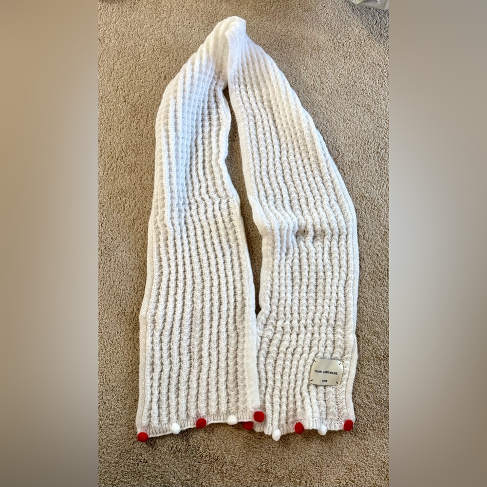 White Cable Knit Scarf with Red Accents